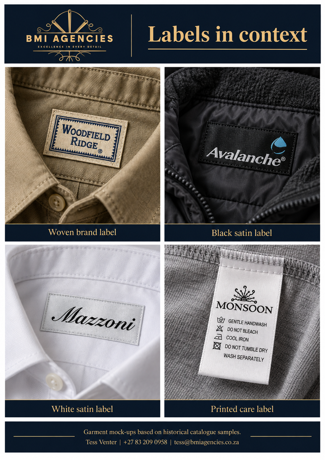 Printed & woven labels presentation sheet: Garment mock-ups based on historical catalogue samples.