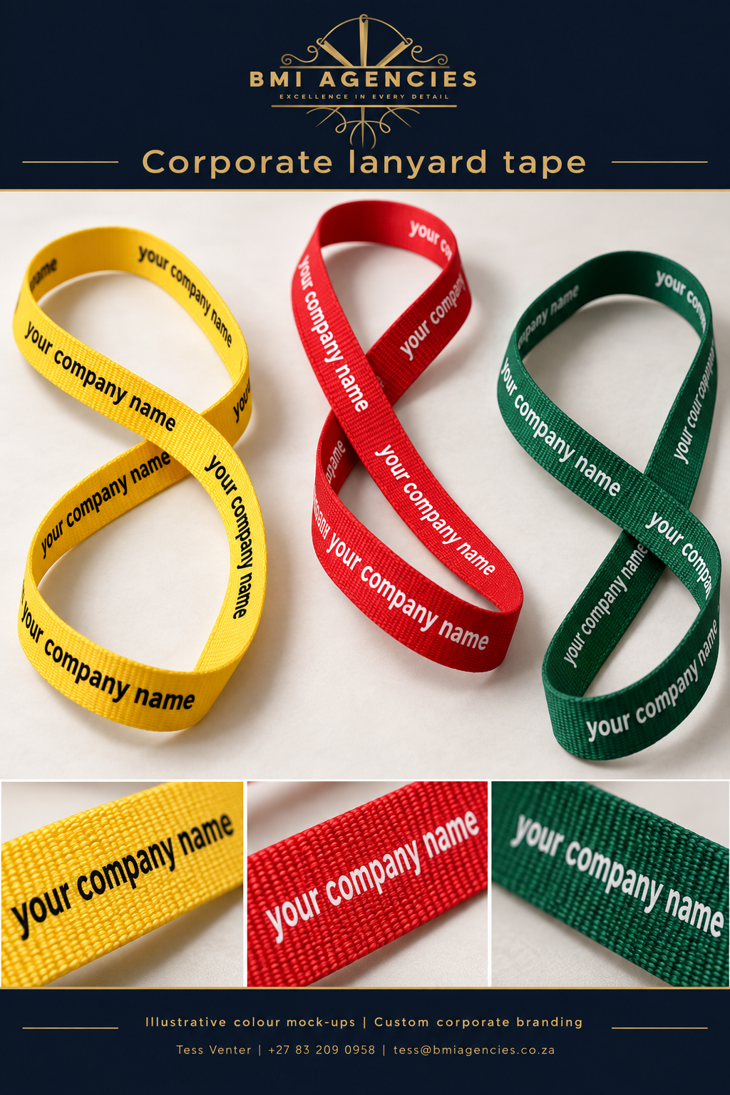 Corporate lanyard tape presentation sheet: Illustrative colour mock-ups with placeholder company names.