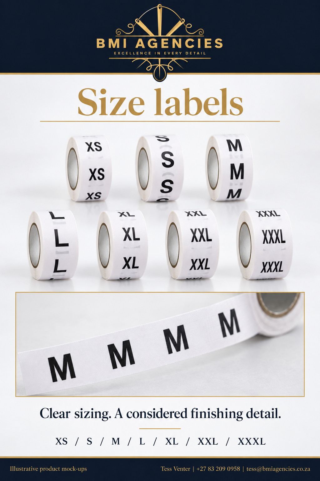 Size labels presentation sheet: Illustrative size-label rolls.