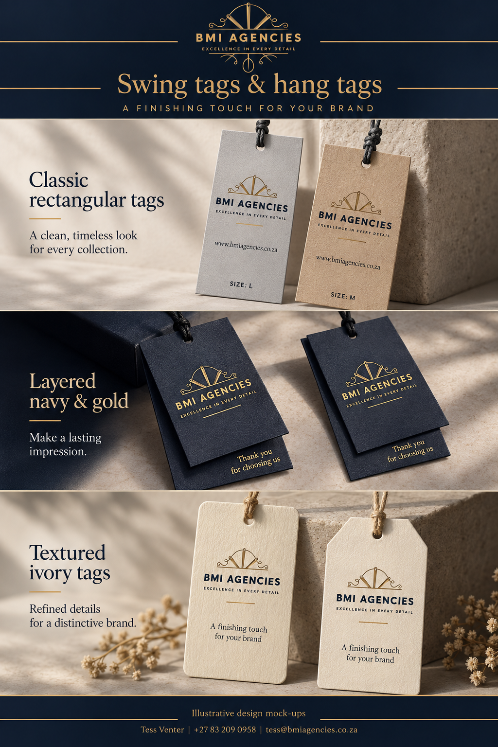 Swing tags & hang tags presentation sheet: Illustrative BMI Agencies tag designs.